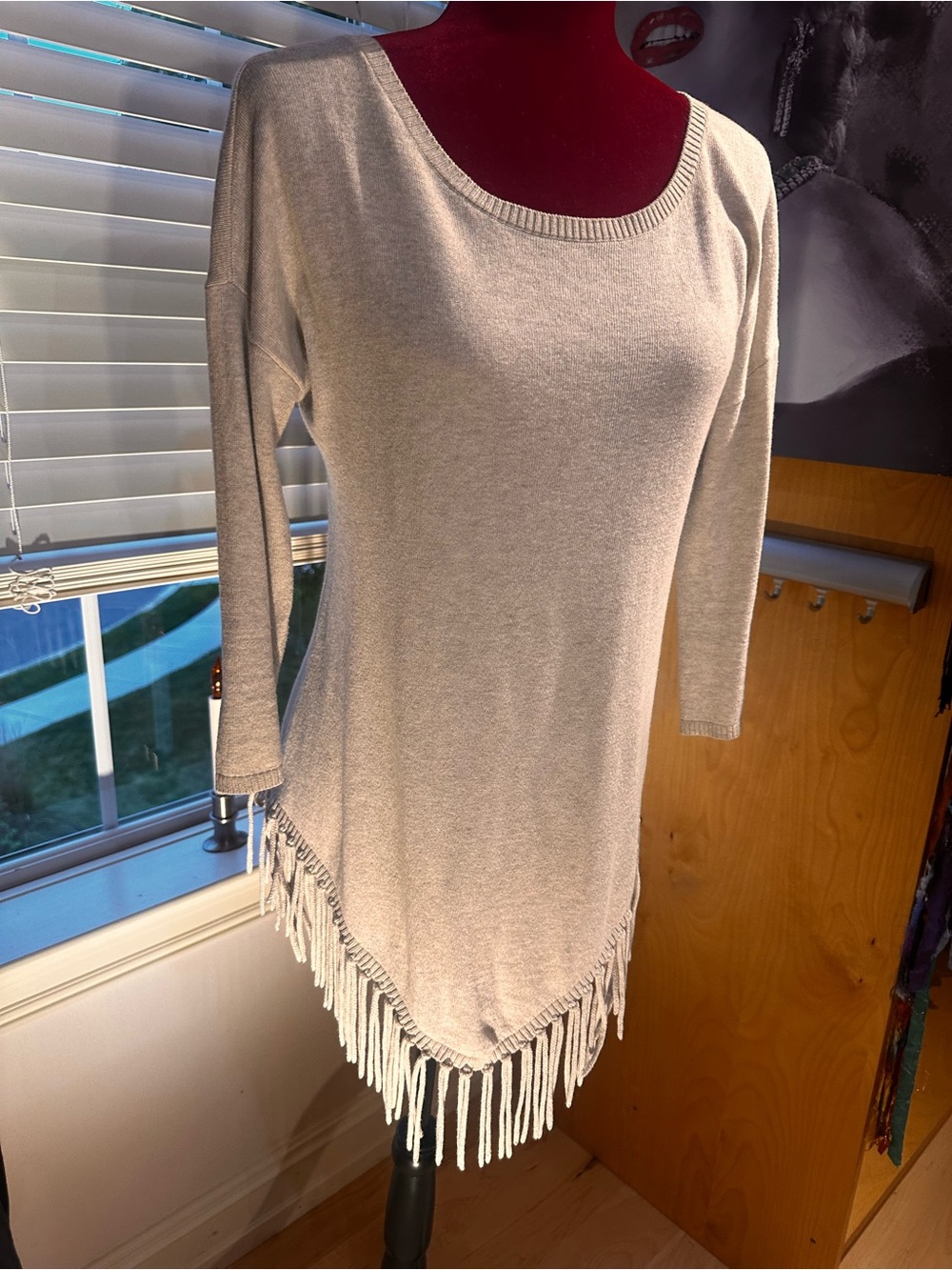 INC International Concepts Taupe Fringe Hem Knit Tunic Top – Size Small